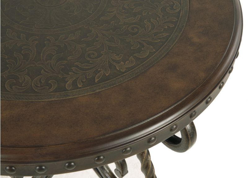 Dutton Wooden Round Side Table with Nailhead Trim and Metal Legs